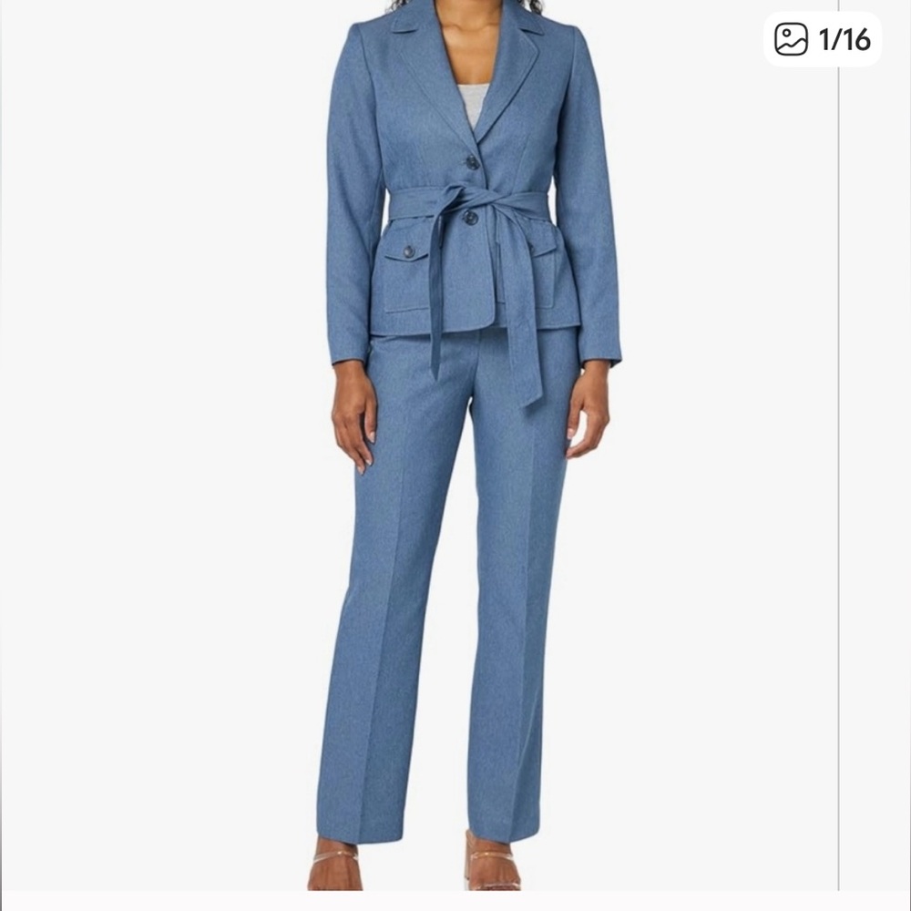 Le Suit 2 Button Belted Safari Jacket & Fly Front Pants 2 Piece Set
